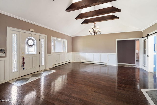 654 Sand Creek Rd, Colonie, NY 12205 - foyer with a baseboard radiator, a barn door, hardwood / wood-style floors, a chandelier, and a baseboard heating unit
