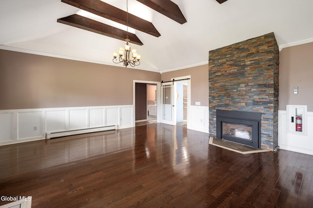 654 Sand Creek Rd, Colonie, NY 12205 - unfurnished living room with a barn door, baseboard heating, a chandelier, wood-type flooring, and a fireplace