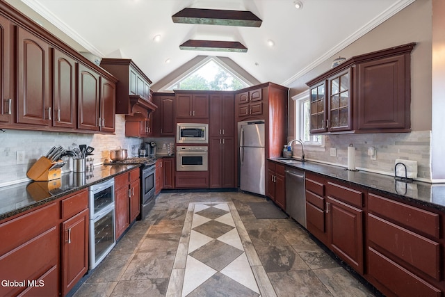 654 Sand Creek Rd, Colonie, NY 12205 - kitchen featuring stainless steel appliances, wine cooler, crown molding, glass insert cabinets, and dark stone counters