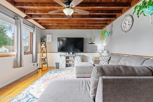 27 Terry Ave, Guilderland, NY 12303 - living room with wood finished floors, ceiling fan, a wood ceiling with exposed beams, and a wainscoted wall