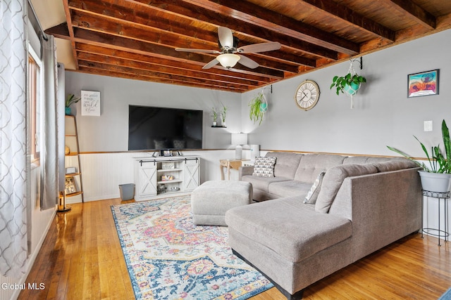 27 Terry Ave, Guilderland, NY 12303 - living area with beam ceiling, a ceiling fan, hardwood / wood-style flooring, and a wainscoted wall