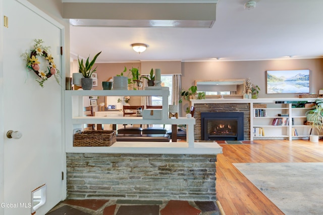 909 Ash Tree Ln, Niskayuna, NY 12309 - living room with a fireplace with flush hearth, ornamental molding, and wood finished floors