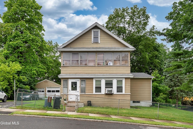 8-10 Spruce St, Rensselaer, NY 12144 - view of front of home featuring cooling unit, a detached garage, a fenced front yard, and a gate