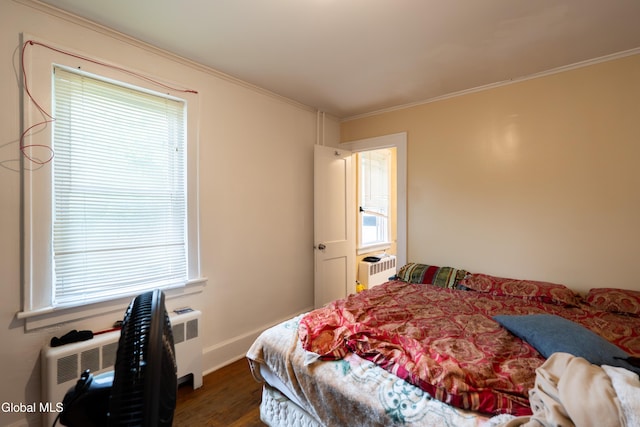 8-10 Spruce St, Rensselaer, NY 12144 - bedroom featuring dark wood-style floors, multiple windows, crown molding, and radiator heating unit