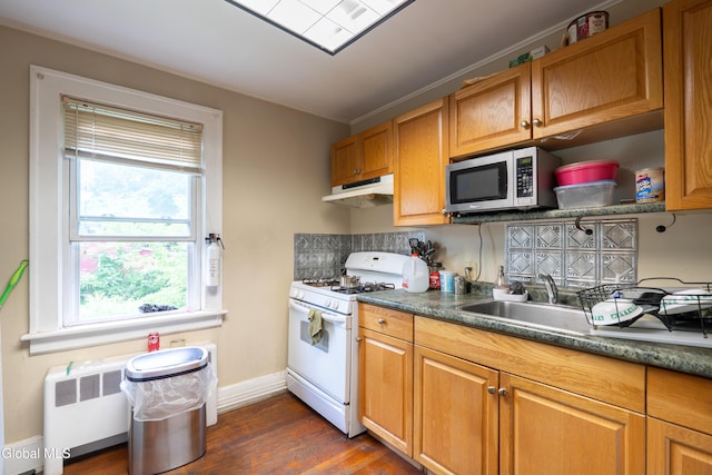 8-10 Spruce St, Rensselaer, NY 12144 - kitchen featuring white gas stove, stainless steel microwave, radiator heating unit, under cabinet range hood, and plenty of natural light