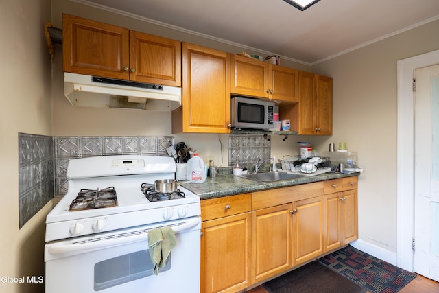8-10 Spruce St, Rensselaer, NY 12144 - kitchen with white gas range oven, under cabinet range hood, stainless steel microwave, crown molding, and brown cabinets