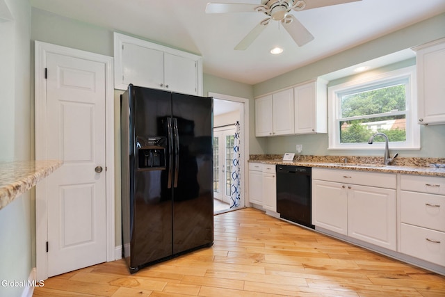 1226 Sumner Ave, Schenectady, NY 12309 - kitchen featuring black appliances, recessed lighting, white cabinets, light wood-type flooring, and ceiling fan