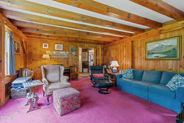 135 Willow St, Guilderland, NY 12084 - living room with wooden walls, beamed ceiling, and carpet floors