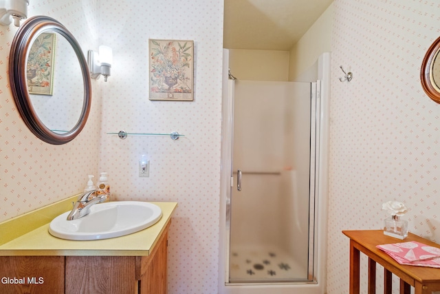 135 Willow St, Guilderland, NY 12084 - full bath featuring wallpapered walls, vanity, and a shower stall