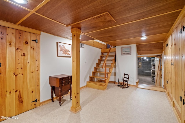 135 Willow St, Guilderland, NY 12084 - finished below grade area with wooden ceiling, wood walls, carpet floors, and stairs