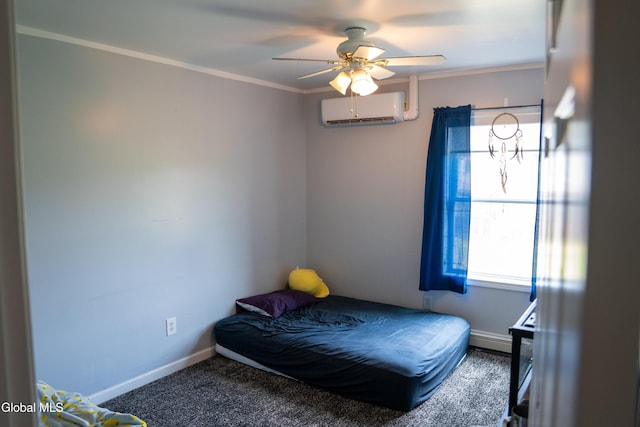 367 Buel Rd, Canajoharie, NY 13317 - bedroom with an AC wall unit, ornamental molding, a ceiling fan, and carpet flooring