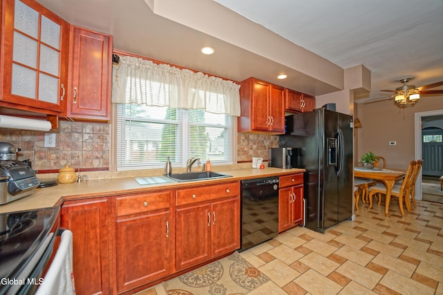 1752 Van Cortland St, Schenectady, NY 12303 - kitchen featuring black appliances, light countertops, tasteful backsplash, ceiling fan, and recessed lighting
