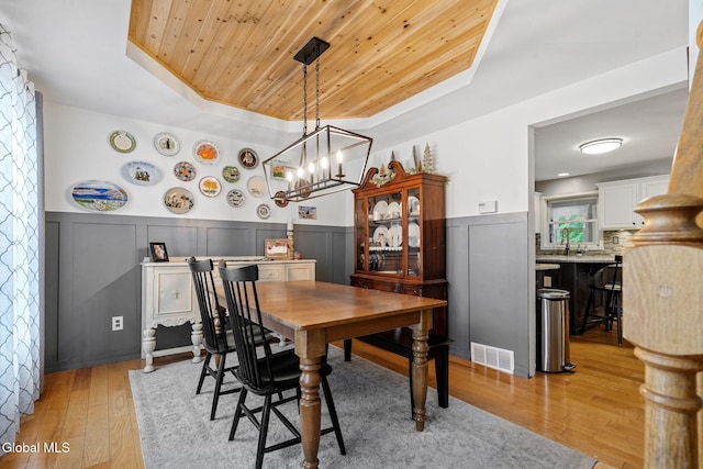 125 Halfmoon Dr, Guilderland, NY 12009 - dining space featuring a tray ceiling, wood ceiling, light wood-type flooring, a chandelier, and wainscoting