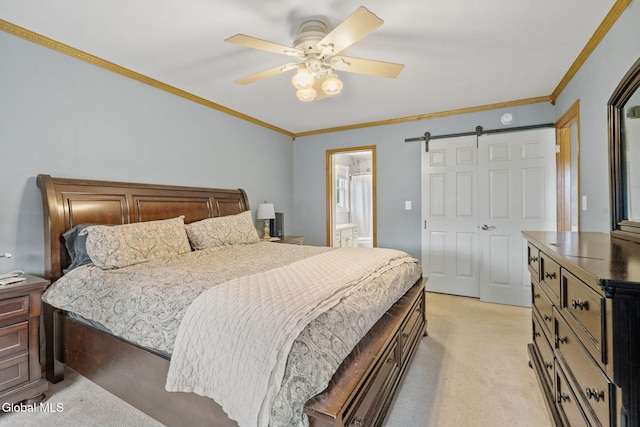 125 Halfmoon Dr, Guilderland, NY 12009 - bedroom with light carpet, ornamental molding, a barn door, a ceiling fan, and connected bathroom