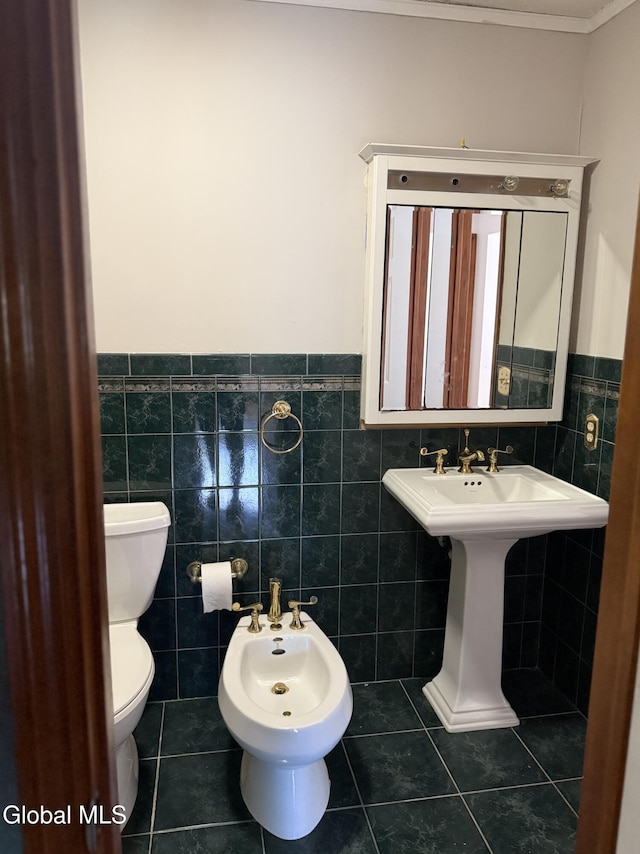 5 Crowsnest Ct, Halfmoon, NY 12188 - half bathroom with a bidet, tile patterned flooring, tile walls, wainscoting, and crown molding