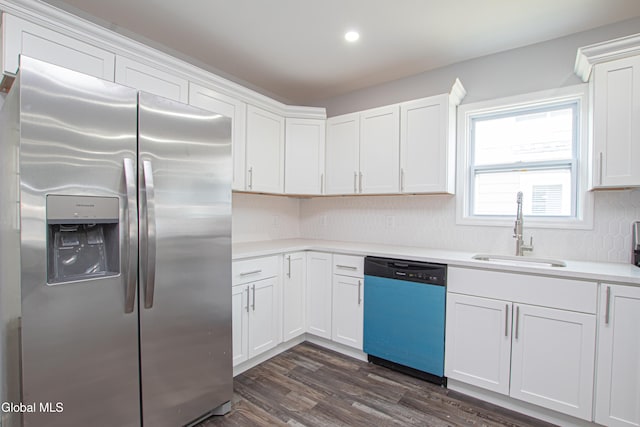 1628 Hawthorne St, Schenectady, NY 12303 - kitchen featuring stainless steel fridge with ice dispenser, dishwasher, light countertops, white cabinetry, and recessed lighting