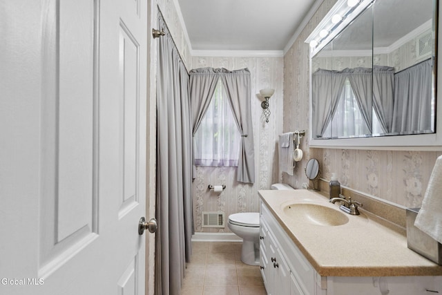 145 Sylvia Ln, Rotterdam, NY 12306 - bathroom featuring wallpapered walls, tile patterned floors, vanity, and crown molding