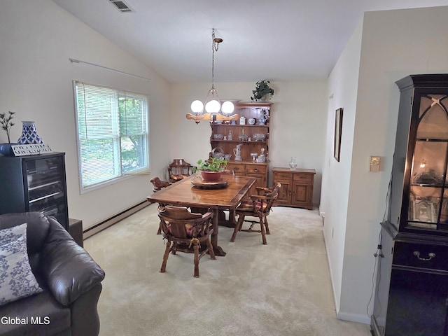 12 Winkel Way, Clifton Park, NY 12019 - dining space with a baseboard heating unit, vaulted ceiling, a chandelier, and light colored carpet