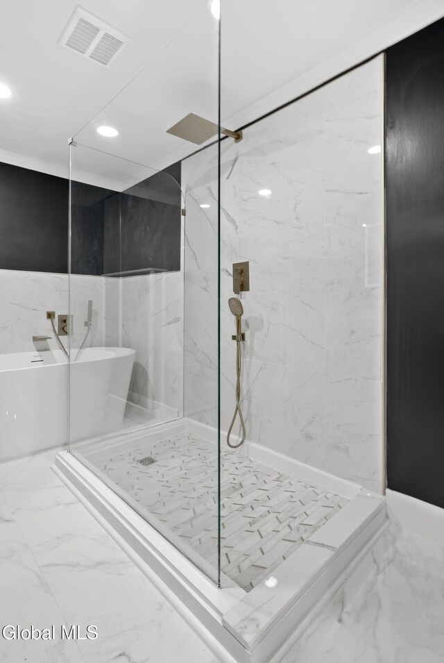 84 Glenwood Ave, Queensbury, NY 12804 - full bathroom featuring a soaking tub, a marble finish shower, marble finish flooring, and recessed lighting