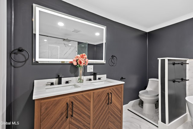84 Glenwood Ave, Queensbury, NY 12804 - bathroom with marble look tile flooring, double vanity, a shower, and recessed lighting