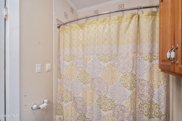 138 Elm St, Cobleskill, NY 12043 - bathroom with ornamental molding and a shower with curtain
