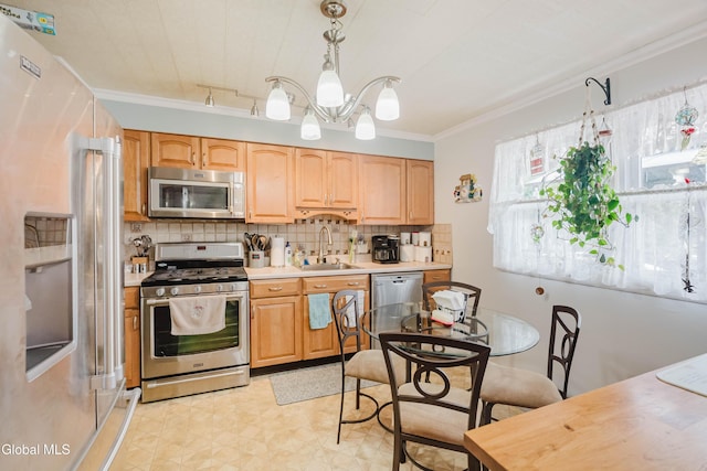 10 Tower Hts, Colonie, NY 12211 - kitchen featuring stainless steel appliances, a chandelier, light countertops, ornamental molding, and decorative backsplash