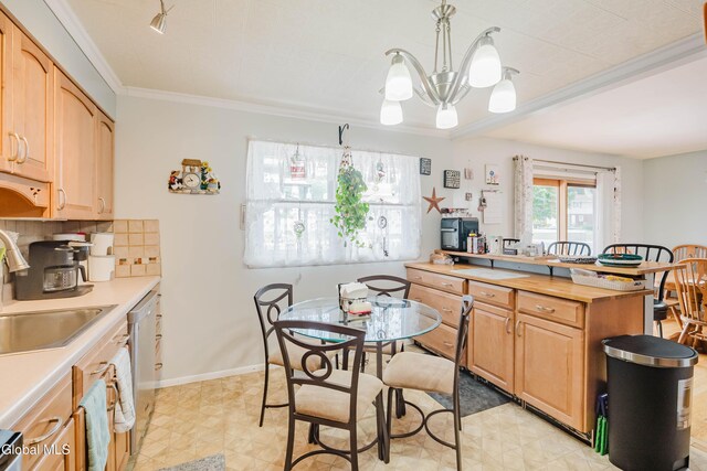 10 Tower Hts, Colonie, NY 12211 - kitchen with a chandelier, ornamental molding, light brown cabinetry, light flooring, and backsplash