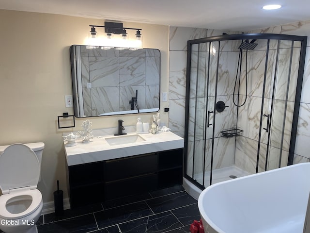 12 Louden Rd, Saratoga Springs, NY 12866 - bathroom with marble look tiles, vanity, a stall shower, a soaking tub, and recessed lighting