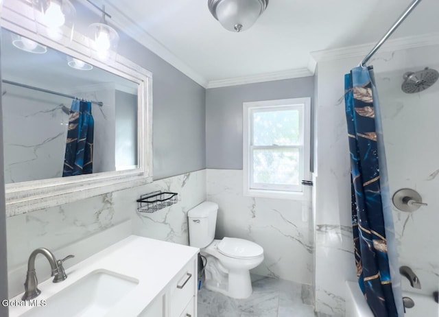 4 Hillside Ave, Schenectady, NY 12308 - bathroom featuring marble look tiles, vanity, crown molding, shower / tub combo with curtain, and tile walls