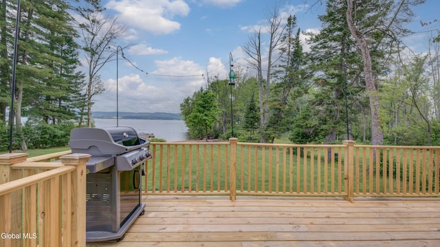 115 Shore Dr, Broadalbin, NY 12025 - wooden terrace with a grill and a water view