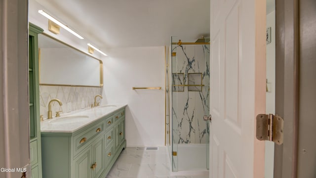 115 Shore Dr, Broadalbin, NY 12025 - full bath featuring double vanity, a shower, and marble look tile flooring
