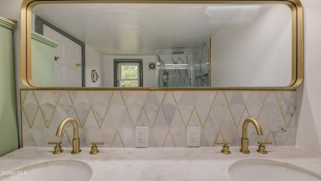 115 Shore Dr, Broadalbin, NY 12025 - full bathroom with decorative backsplash, a shower stall, and double vanity