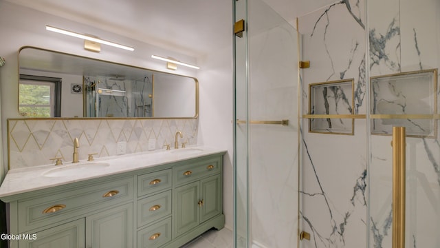 115 Shore Dr, Broadalbin, NY 12025 - full bathroom with a marble finish shower, double vanity, and backsplash