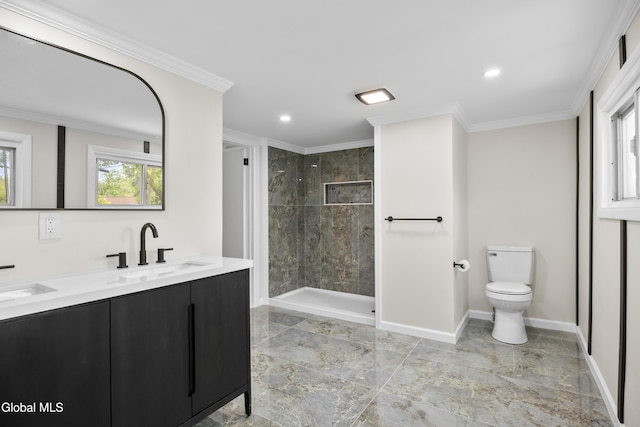 789 Troy Schenectady Rd, Colonie, NY 12110 - full bathroom with a stall shower, recessed lighting, marble finish floors, double vanity, and ornamental molding