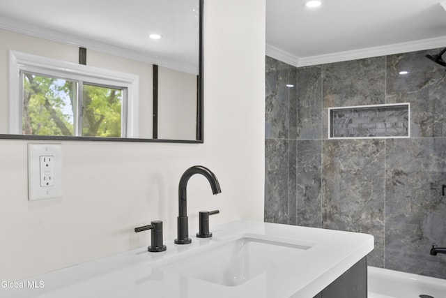 789 Troy Schenectady Rd, Colonie, NY 12110 - full bath featuring vanity, washtub / shower combination, ornamental molding, and recessed lighting