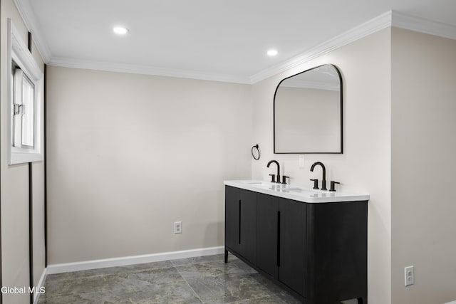789 Troy Schenectady Rd, Colonie, NY 12110 - bathroom featuring double vanity, crown molding, and recessed lighting