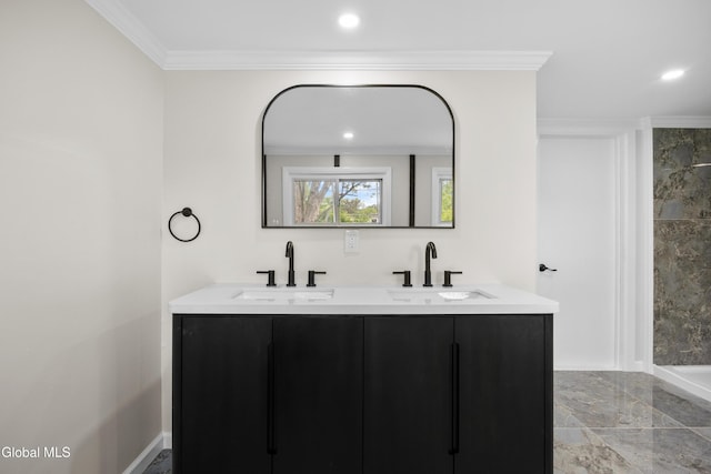 789 Troy Schenectady Rd, Colonie, NY 12110 - bathroom with marble finish floors, double vanity, ornamental molding, and recessed lighting