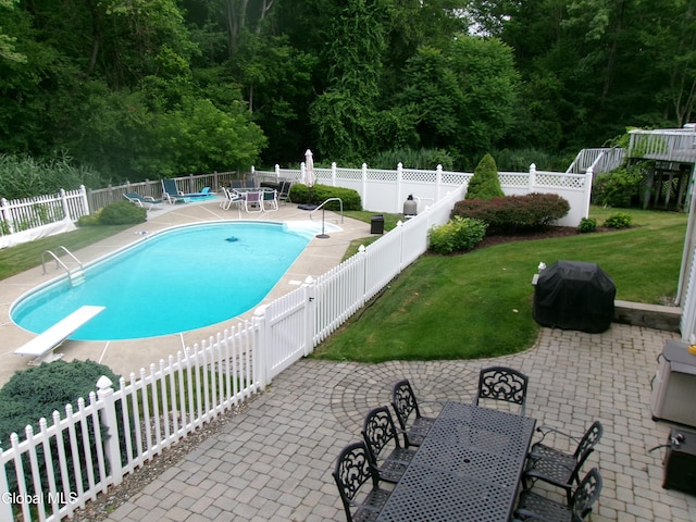 22 Frances Ln, Bethlehem, NY 12203 - view of pool with a grill, a patio, a fenced backyard, and outdoor dining space