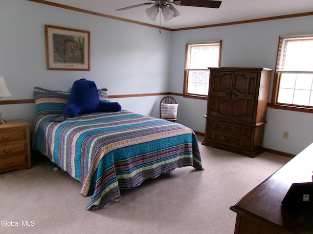 22 Frances Ln, Bethlehem, NY 12203 - carpeted bedroom featuring multiple windows, ornamental molding, and a ceiling fan