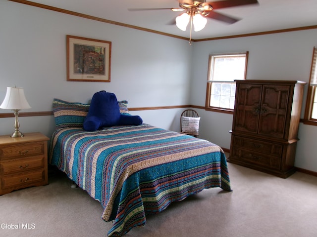 22 Frances Ln, Bethlehem, NY 12203 - bedroom featuring light carpet, ornamental molding, and a ceiling fan