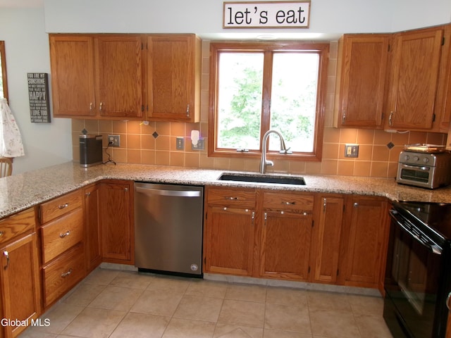 22 Frances Ln, Bethlehem, NY 12203 - kitchen featuring stainless steel dishwasher, black range with electric cooktop, decorative backsplash, and brown cabinets