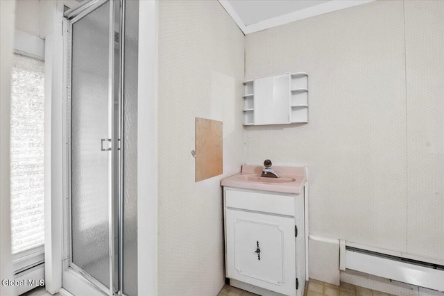 7 Swan St, Hudson Falls, NY 12839 - bathroom featuring a baseboard heating unit, vanity, and a shower stall