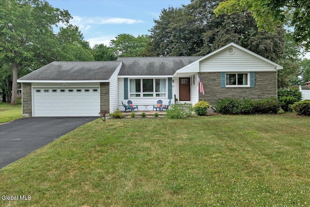 611 Via Ponderosa, Schenectady, NY 12303 - ranch-style house featuring stone siding, asphalt driveway, an attached garage, and a front lawn