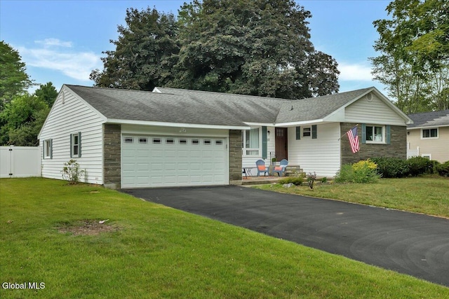 611 Via Ponderosa, Schenectady, NY 12303 - ranch-style home with stone siding, an attached garage, and asphalt driveway