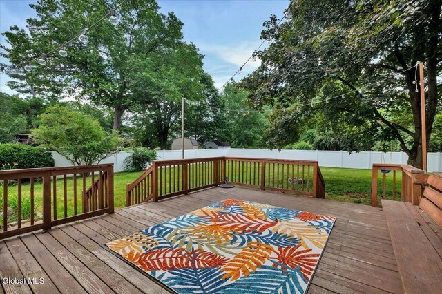 611 Via Ponderosa, Schenectady, NY 12303 - wooden deck featuring a fenced backyard and view of wooded area