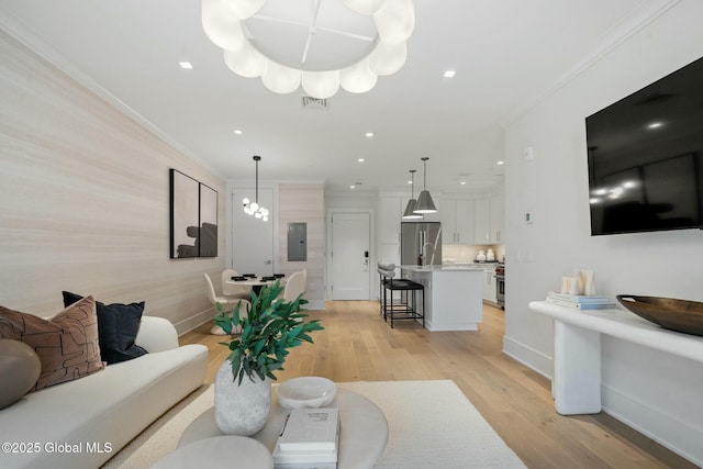 19 Washington St Unit 552P, Saratoga Springs, Inside, NY 12866 - living room with ornamental molding, light wood finished floors, electric panel, and recessed lighting