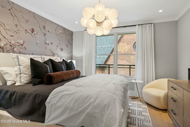 19 Washington St Unit 552P, Saratoga Springs, Inside, NY 12866 - bedroom featuring ornamental molding, light wood-style floors, a chandelier, and recessed lighting