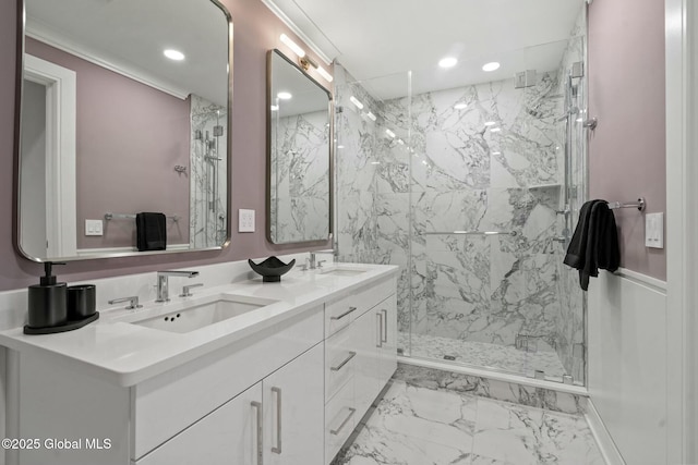 19 Washington St Unit 552P, Saratoga Springs, Inside, NY 12866 - full bathroom with marble finish floors, a marble finish shower, double vanity, and recessed lighting