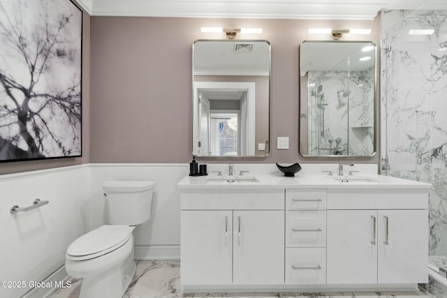 19 Washington St Unit 552P, Saratoga Springs, Inside, NY 12866 - full bathroom with ornamental molding, a marble finish shower, marble finish flooring, and double vanity