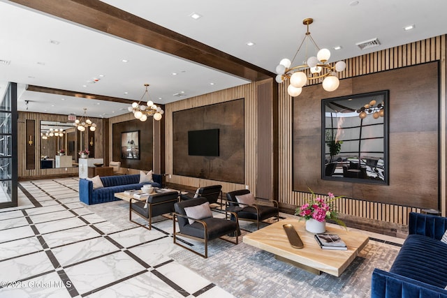 19 Washington St Unit 552P, Saratoga Springs, Inside, NY 12866 - building lobby featuring recessed lighting, beamed ceiling, and wood walls